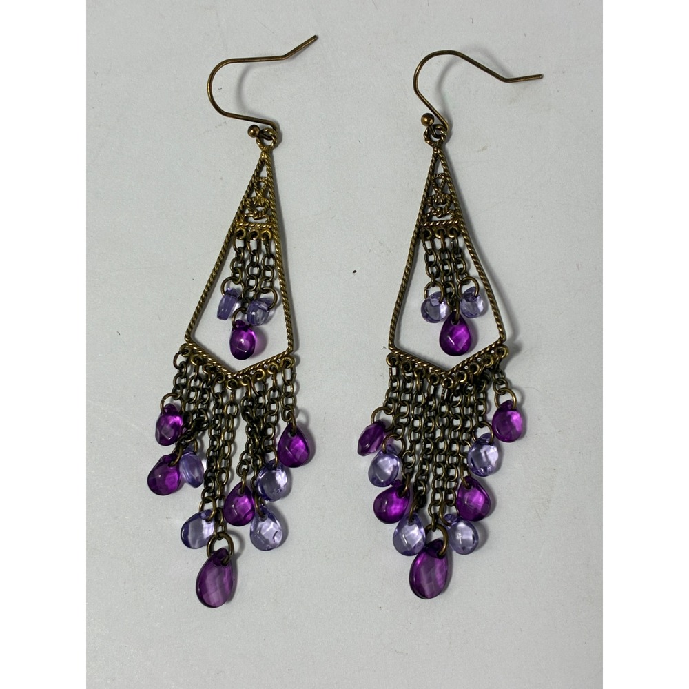 Boho Brass Filigree Chandelier Earrings Purple Teardrop Bead Dangle Statement